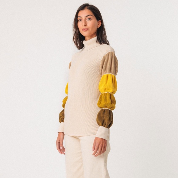 NWT SKFK Eloritza Cream Cotton Turtleneck Sweater Multicolor Sleeves Size 6 - Picture 11 of 12